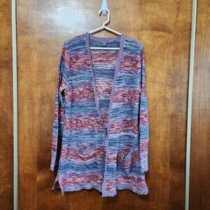 Eddie Bauer Open Front Long Cardigan Red Blue Purple 100% Cotton